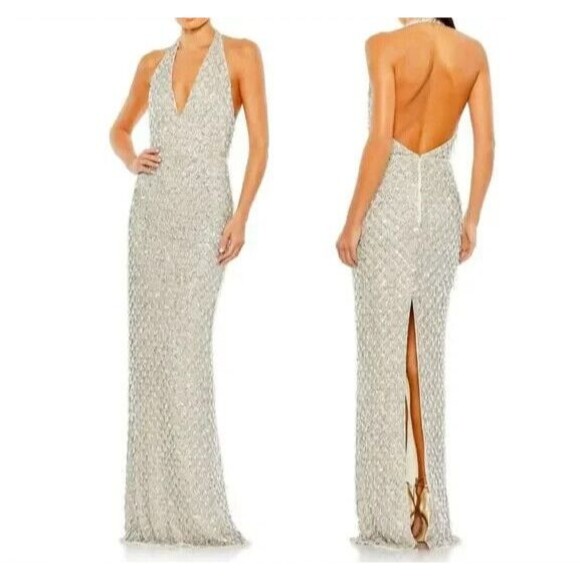 MAC DUGGAL SEQUIN CRYSTAL FRINGED HALTER STRAP GOWN NUDE SILVER SZ‎ 0 5678 RARE - Picture 2 of 10